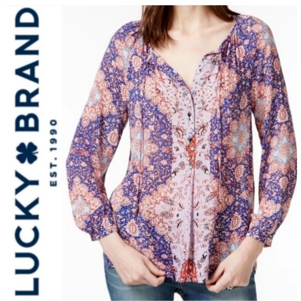 Lucky Brand Cobalt Blue Purple Boho Peasant Rayon Flowy Top Plus Size 2x Light